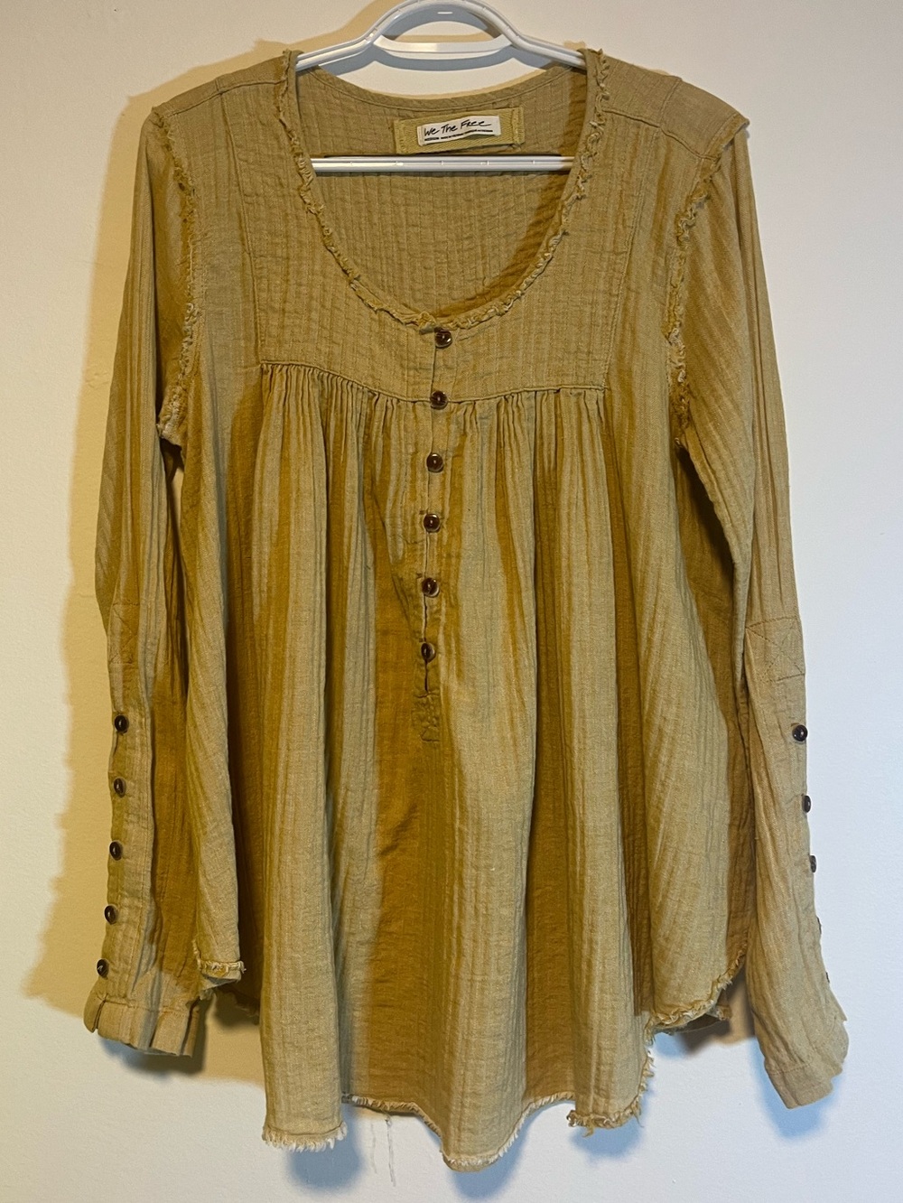 Free People Women's Washed yellow (mustard) Long-Sleeve Peasant boho top